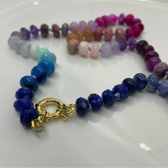 Rainbow hand knotted beaded gemstone necklace 18” blue pink purple 925 silver - Picture 3 of 7